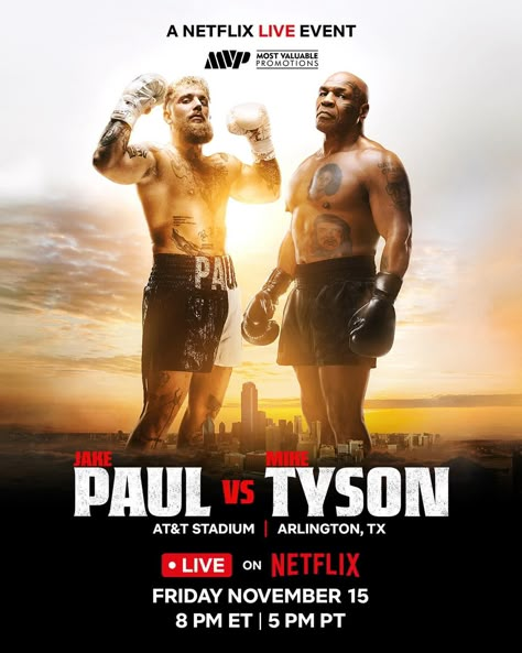 we are 50 days away from JAKE PAUL VS. MIKE TYSON! 🥊 #paultyson will be LIVE on netflix friday, november 15 at 8PM ET / 5PM PT. 🥊 a three-part follow-doc, COUNTDOWN: PAUL VS. TYSON, leads up to the fight with 2 episodes premiering november 7. the final episode on november 12. Netflix Subscription, Boxing History, Movie Info, Ufc Fighters, Jake Paul, Stranger Things Season, Boxing Workout, Mike Tyson, Funny Video Memes