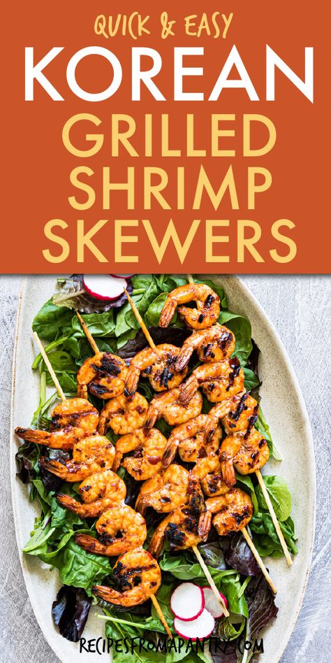 These Korean Grilled Shrimp Skewers are SO easy to make. The shrimp marinade with Gochujang paste is sweet, savory, tangy, spicy with an Asian flair. Learn how to grill shrimp skewers & see how quickly you can get dinner in under 15 minutes. You can even make these grilled shrimp kabobs in the Air Fryer or portable grill - the perfect summer grilling recipe for bbqs, picnics, lunches. Click thru for the best Grilled Shrimp Skewers recipe. #shrimpskewers #shrimpkabobs #summerrecipe #grill #... Asian Shrimp Skewers Grill, Asian Grilled Shrimp, Asian Grilled Shrimp Recipes, Kabobs In The Air Fryer, Korean Shrimp Recipe, Korean Shrimp, Best Grilled Shrimp, Grilled Shrimp Marinade, Grilled Shrimp Kabobs