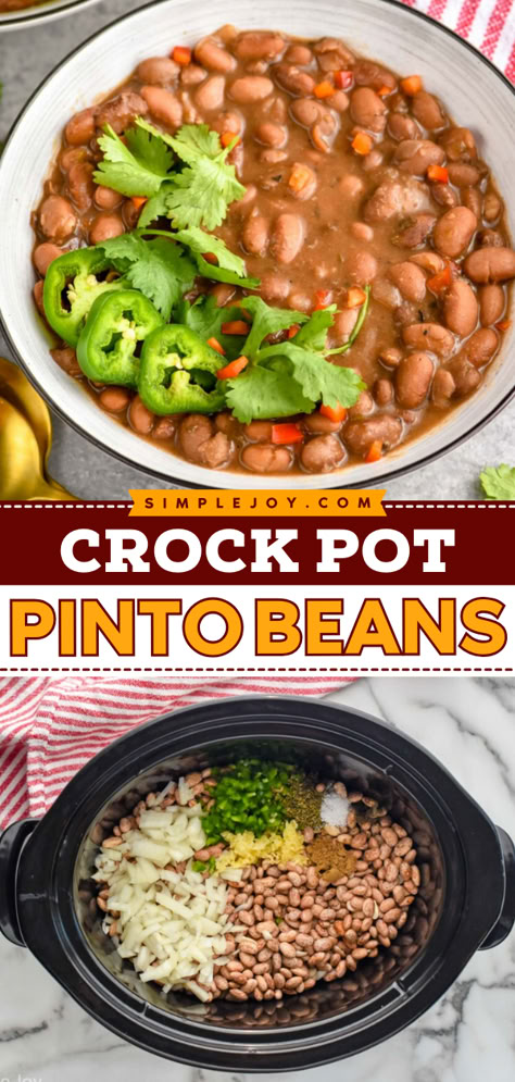 Crock Pot Pinto Beans make the best side dish or vegetarian dinner. We love them as a side for our Chicken Tacos or as the filling in our Baked Burritos. This is a simple recipe that you are sure to fall back on over and over. Pinto Beans In Crockpot, Beans In Crock Pot, Crockpot Pinto Beans Recipe, Crock Pot Pinto Beans, Baked Burritos, Beans Recipe Crockpot, Pinto Bean Soup, Beans In Crockpot, Pinto Bean Recipes