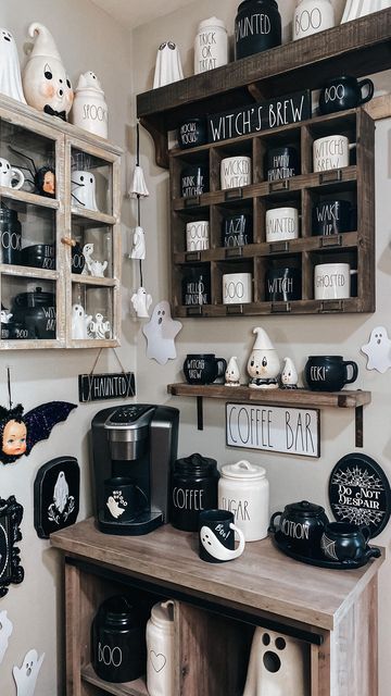 Halloween Themed Kitchen, Goth Coffee Bar, Spooky Coffee Bar, Horror Room Decor, Halloween Coffee Bar, Horror Room, Spooky Coffee, Household Accessories, Spooky Kitchen