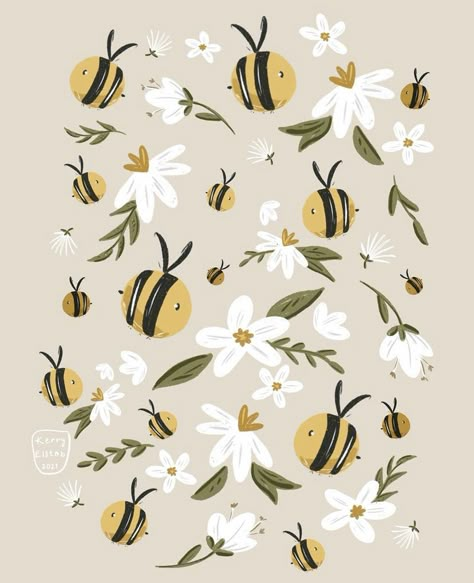 Spring Artwork Illustrations, Bee Wall Painting, Spring Aesthetic Illustration, Cute Bee Background, Cute Spring Illustration, Aesthetic Bee Wallpaper, Bee Illustration Cute, Y2k Wallpaper Lockscreen, Spring Wallpapers For Phone