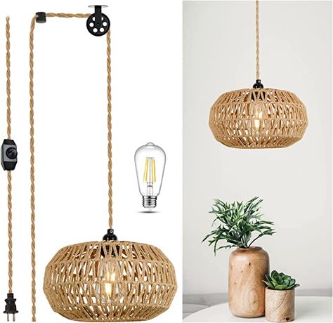 Rattan Plug in Pendant Light with LED Bulb&Pulley, Boho Hanging Lights with Plug in Cord 15ft, Wicker Woven Chandelier Light Fixtures with Dimmer Switch for Bedroom Living Dinning Room Kitchen - - Amazon.com Hanging Plug In Light Fixtures, Boho Hanging Lights, Plug In Ceiling Light, Bohemian Light Fixtures, Woven Chandelier, Plug In Hanging Light, Basket Lamp, Swag Lamps, Lamp Boho