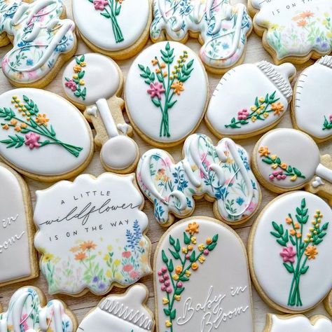 Bright Floral Baby Shower Ideas, Wildflower Cookies Baby, Girl Baby Shower Wildflower Theme, Baby In Bloom Color Scheme, Wildflower Baby Shower Theme Food, Baby Shower Themes Baby In Bloom, Wildflower On The Way, Baby Shower Color Themes Girl, Baby Shower Ideas Wildflower