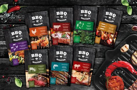 Craving some hella good BBQ? Why not try and make some at home with BBQ  Master's line of tasty spice mixes. With seasonings for every type of meat  your little heart desires, Moon Troops Creative Agency packages each rub  into conveniently sized pouches labeled with graphics that will send your  tongue from your mouth to the floor. Diy Food Packaging, Packaging Design Graphics, Meat Packaging Design, Meat Packaging, Pork Spices, Packaging Snack, Spices Packaging, Spiced Beef, Bbq Food