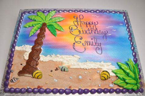 Sunset Cake, Beach Birthday Cake, Pastel Rectangular, Beach Themed Cakes, Sheet Cake Designs, Ocean Cakes, Birthday Sheet Cakes, Beach Cakes, Sheet Cakes