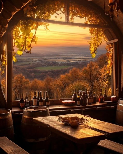 Table in cosy tavern above the vineyards in autumn. Sunset with beautiful view #beautiful #view #sunset #autumn #vineyard #wine #winelovers Vineyard Sunset, Vineyard Photography, Diy Farmhouse Decor, Graphic Wallpaper, Retirement Planning, Sunset Views, Cozy Cottage, Country Cottage, Wine Lovers