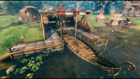 Valheim Dock, Viking Hall, Dock Design, Dock Ideas, Viking House, Nerd Room, Fishing Dock, Starter Home, Iron Gate