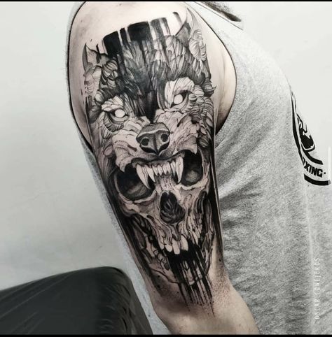 Wolf Skull, Skull Sleeve Tattoos, Skull Sleeve, Dove Tattoo, Blackwork Tattoos, Wolf Tattoo Design, Raven Tattoo, Tattoos Art, Dad Tattoos