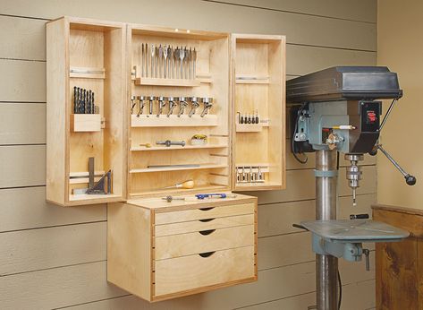 Drill Bit Storage Center | Woodworking Project | Woodsmith Plans Drill Bit Storage, Woodsmith Plans, Bit Storage, Tool Storage Cabinets, Workshop Layout, Storage Center, Garage Tool Storage, Woodworking Shop Layout, Tool Storage Diy