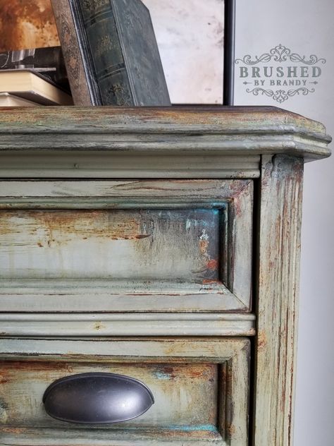 Grungy Green, Gray and Rusted | Brushed By Brandy Diy Furniture Paint, Brushed By Brandy, Patina Paint, Furniture Cleaner, Furniture Painting Techniques, Chalk Painting, Furniture Rehab, Dixie Belle Paint, Furniture Paint