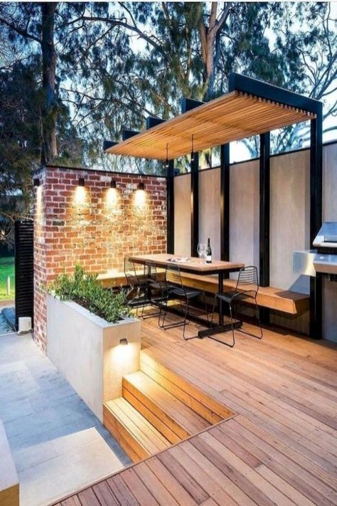 The illuminated effect of this pergola with chic seating is ideal to transform the boring yard into something spectacular. Turn the ordinary into extraordinary.#pergola #pergolaideas #pergolaplans #pergoladesigns Backyard Entertaining Area, Outdoor Patio Designs, Backyard Entertaining, Backyard Pergola, Backyard Lighting, Brick Patios, Modern Patio, Pergola Patio, Pergola Designs