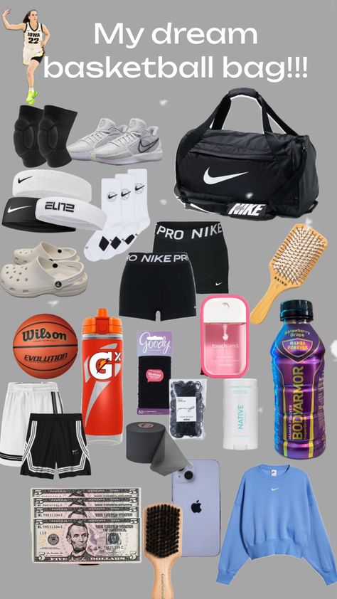 Things To Keep In Your Basketball Bag, What To Pack In Basketball Bag, Basketball Bag Essentials, Basketball Swag, Sports Bag Essentials, Casual Athletic Outfits, Basketball Tryouts, Basketball Outfits, Basketball Jersey Outfit