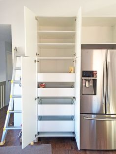 Kitchen Remodel Ikea, Ikea Kitchen Pantry, Designing Kitchen, Ikea Kitchen Organization, Modern Kitchen Pantry, Ikea Pantry, Ikea Sektion, Complete Kitchen Remodel, Tall Pantry Cabinet