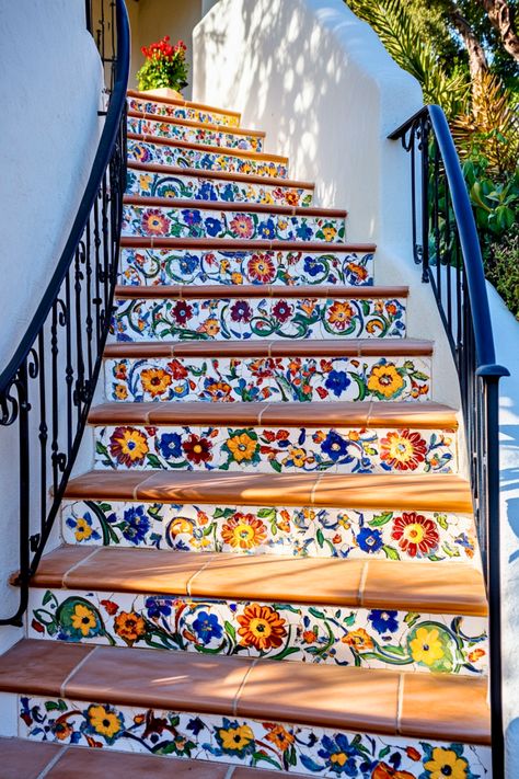 How about adding a splash of color to your stairs? These vibrant, non-slip tile steps are both practical and eye-catching. I love how they bring personality and charm to any deck while staying safe for daily use. Brighten up your backyard with this creative and colorful idea that’s as stylish as it is functional. Spanish Tile Steps, Tile On Step Risers, Tiles For Stairs Ideas, Beach Staircase, Mexican Tile Stairs, Outside Stairs Design, Stair Tiles, Tiles For Stairs, Colorful Stairs