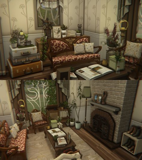 Inside Cottage Aesthetic, Bloxburg Cozy Interior, Bloxburg Cottage Interior Ideas, Sims 4 Witchy Bedroom, Cottage Core Bloxburg Living Room, Cottage Home Bloxburg, Sims 4 Cc Beige Furniture, Bloxburg Living Room Ideas Autumn, Sims 4 Vintage Bedroom