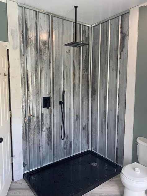 Galvanized Shower Ideas, Corrugated Metal Shower Walls, Tin Shower Walls Rustic Bathrooms, Tin Bathroom Ideas, Galvanized Shower Walls, Metal Shower Walls, Tin Shower Walls, Barrel Sink Bathroom, Corrugated Metal Shower