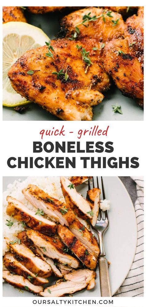 Chicken Thigh Grill Recipes, Grilled Chicken Thighs Boneless, Roasted Boneless Chicken Thighs, Grilled Boneless Chicken Thighs, Hunters Chicken Recipe, Balsamic Chicken Thighs, Chicken Thighs Dinner, Simple Sides, Grilled Chicken Tacos