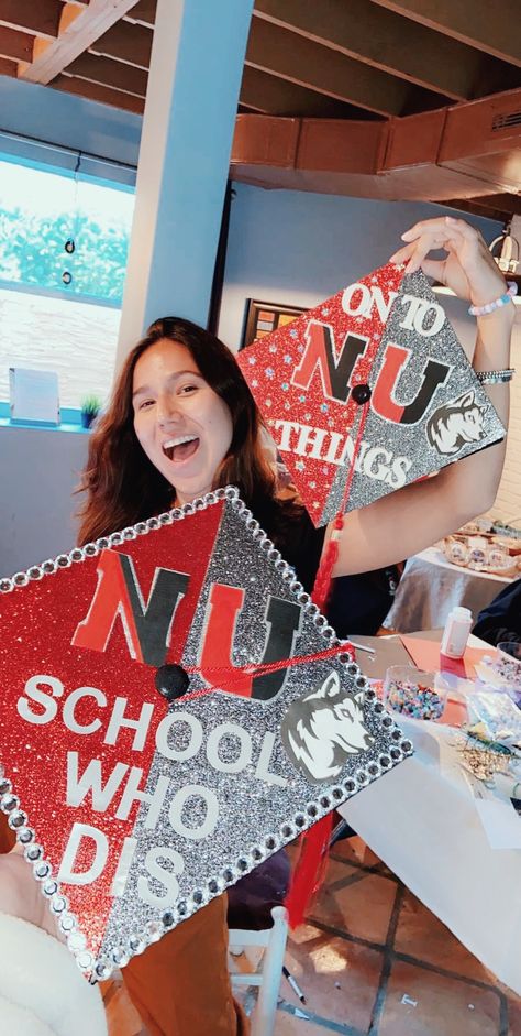 Northeastern Graduation Cap, Northeastern University Aesthetic, Grad 2023, Senior Szn, College Graduation Cap Decoration, Grad Cap Designs, Diy Graduation Cap, Diy Graduation, University Graduation