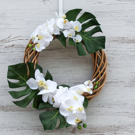 Primrue Whie Orchid Tropical Summer Wreath | Wayfair.ca Monstera Leaf Wreath, Tropical Wreaths For Front Door, Tropical Front Door, Orchid Wreath, Tropical Wreath, Lost In Paradise, Willow Wreath, Summer Front Door Wreath, Wreath Base