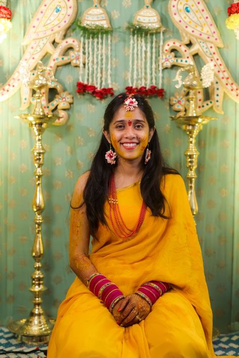 Typical Hyderabad Wedding With A Bride Who Wore Sarees In The Most Sought-After Hues! | WedMeGood Haldi Dress For Bride, Haldi Look For Bride, Haldi Photography, Haldi Poses For Bride, Haldi Outfit For Bride, Haldi Look, Hyderabad Wedding, Haldi Photoshoot, Ceremony Outfit