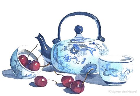 Chinese teapot with cherries - watercolors by Kitty van den Heuvel Asian Pottery, Year Board, Fruits Art, Cd Painting, Traditional Media, Free Photographs, White Watercolor, Coffee Painting, Clip Art Vintage