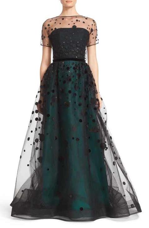 Carolina Herrera Sheer Overlay Silk Ballgown, green silk with black tulle overlay gown Emerald Green Evening Dress Long, Emerald Green Tulle Dress, Green Evening Dress Long, Tulle Overlay Dress, Emerald Green Evening Dress, Emerald Green Gown, Gown Inspiration, Sheer Overlay, Women's Evening Dresses