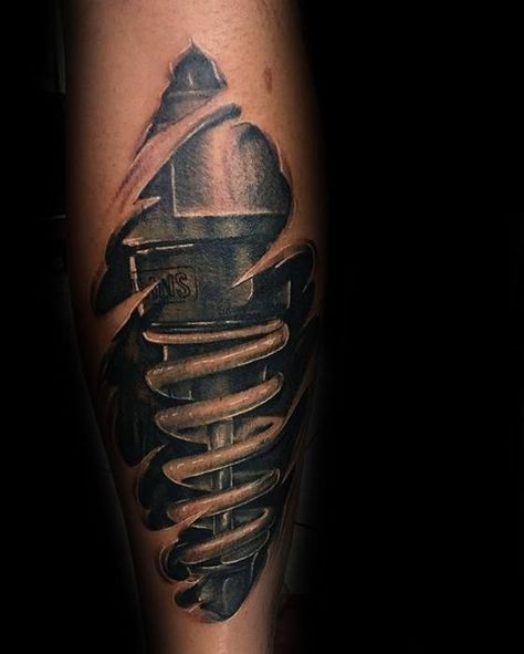 50 Suspension Tattoo Designs For Men - Shock Absorber Ideas Shock Tattoo Design, ဆိုင်ကယ် Tattoo, 3d Shock Tattoo Design, Motor Shock Tattoo Design, Shock Absorber Tattoo, Automotive Tattoo Ideas, Mechanic Tattoo Ideas For Men, Suspension Tattoo, Turbo Tattoo Sleeve