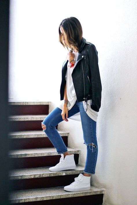 leather moto jacket, white tee, ripped knee jeans & whit hi-top sneakers #style #fashion White Hightop Vans Outfit, Van High Tops Outfit, High Top Vans Outfit, High Top Sneakers Outfit, High Tops Outfit, Tops Outfit, Vans High, Sneaker Outfits Women, Ripped Knee Jeans