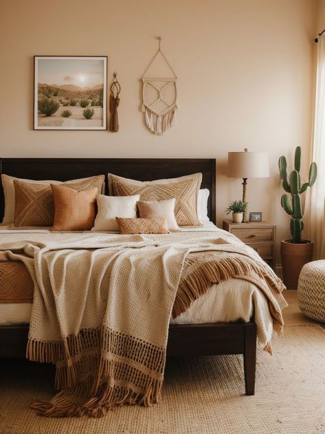 Transform your bedroom into a desert oasis with a sunset aesthetic. Use earthy tones like sandy beige, burnt orange, and dusty pink as the color palette. Incorporate cactus plants, macrame wall hangings, and tribal patterned rugs to bring the desert vibes inside. Desert Aesthetic Bedroom, Orange And Pink Bedroom, Desert Aesthetic, Patterned Rugs, Mid Century Living, Mid Century Living Room, Desert Vibes, Macrame Wall Hangings, Desert Oasis