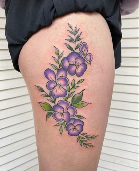 Violet Flower Tattoo Traditional, Traditional Violet Tattoo, Purple Pansy Tattoo, Pansy Tattoos, African Violet Tattoo, Violet Flower Tattoo, Pansy Tattoo, Tattoo Leg Sleeve, Violet Flower Tattoos