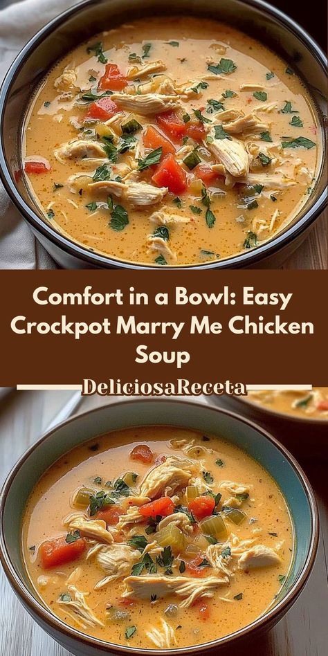 Discover the ultimate comfort food with this Easy Crockpot Marry Me Chicken Soup recipe! Combining tender chicken, rich cream, and aromatic spices, this hearty soup is perfect for cozy family dinners or gatherings. Minimal prep means you can set it and forget it while the flavors meld together beautifully. With a cooking time of just 6 hours on low, you’ll be rewarded with a soul-warming meal that makes you feel right at home. Perfect for chilly evenings or impressing dinner guests! Crockpot Marry Me Chicken, Chicken Soup Recipe, Marry Me Chicken, Hearty Soup, Dinner Guests, Dinner Guest, Chicken Soup Recipes, Gluten Free Chicken, Hearty Soups