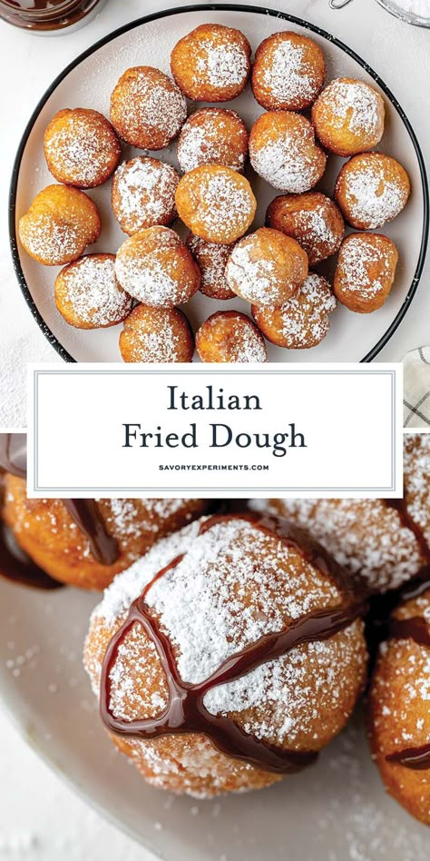 This Italian fried dough, also known as zeppole or pizza fritta, is an easy dessert that is perfect for casual parties or special occasions! Zeppoli Recipe, Italian Fried Dough, Fried Dough Recipe, Fried Dough Recipes, Zeppole Recipe, Italian Donuts, Fried Bread Recipe, Savory Bread Recipe, Doughnut Recipe Easy