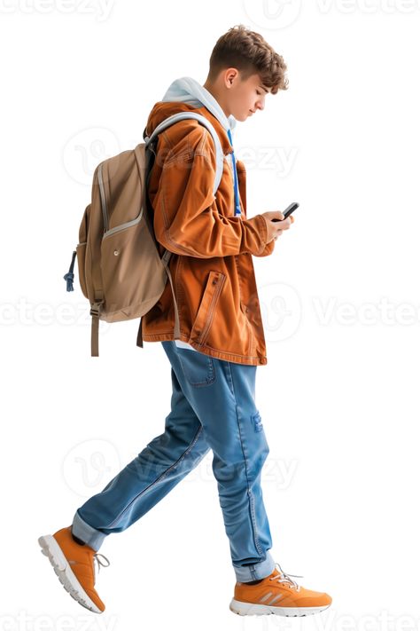 man walking wearing trendy clothes holding his phone in his hand and looking at the screen isolated on transparent background Looking At Phone, Person Walking, Wedding People, Cityscape Photos, Logo Banners, Trendy Clothes, Heart With Arrow, His Hands, Business Travel