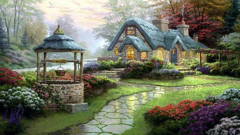 Cottage Wallpaper Full HD. Original Size. Gemstone Painting, Thomas Kinkade Art, Thomas Kinkade Paintings, Thomas Kincaid, Kinkade Paintings, Cottagecore Wallpaper, Cottage Wallpaper, Art Thomas, Gothic Ideas