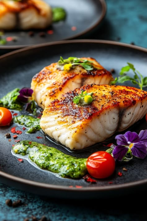 Grilled fish fillets garnished with cherry tomatoes, herbs, and edible flowers on a black plate. Pernod Recipes, Mediterranean Fish Dishes, Sable Fish Recipes, Gourmet Fish Recipes, Fish Recipe Ideas, Salmon Crudo, Seafood Ideas, Food Presentation Plates, Seafood Meals