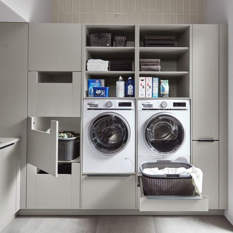 Kreativ Kitchens Laundry Sorting System, Utility Room Designs, Laundry Room Storage Shelves, Laundry Sorting, Laundry Cabinets, Laundry Room Layouts, Laundry Room Renovation, Laundry Design, Modern Laundry Rooms