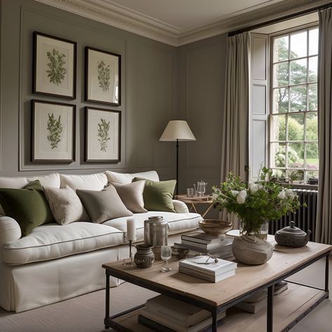 Cotswold Family Home ⁠ We love to combine the old with new.  In this informal living room we incorporated a range of contemporary touches and bright colours to accentuate unique architectural details.  This Cotswold country home encapsulates our signature ethos and aesthetic, for laid back country interiors, that are designed to last.  ⁠ #informallivingroom #countryhome #winchcombe #cotswoldinteriordesigner  #countryinteriors Old English Living Room, Informal Living Room, English Country House Interior, Farrow And Ball Living Room, Modern Cottage Style, English Living Room, Green Lounge, Georgian Interiors, Country Interiors