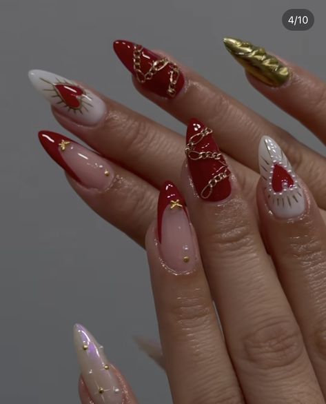 Red And Gold Minimalist Nails, Moulin Rouge Nail Art, Moulin Rouge Nails Design, Funky Gold Nails, Romeo And Juliet Nail Art, Red Textured Nails, Jelly Valentine Nails, Almond Nails With Cross, Acrylic Nails Red Coffin