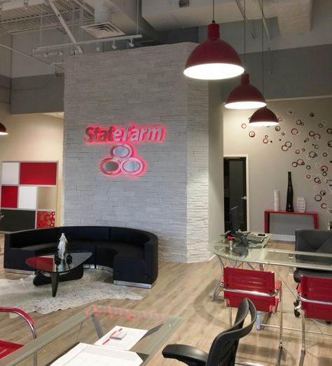 State Farm Office Decor Interior Design, State Farm Office Decor, Red Office Decor Ideas, Insurance Office Decor, State Farm Office, Retail Lighting Design, Insurance Office, Farm Office, Lighting Office