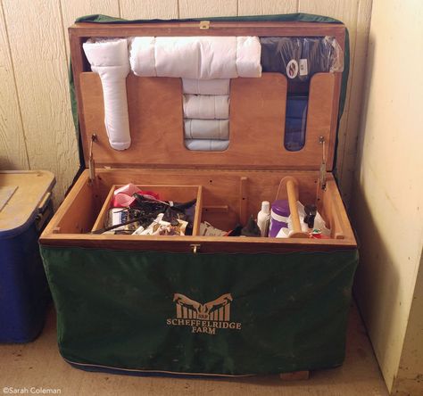 How to Organize Your Tack Trunk Tack Trunk Ideas, Tack Trunk Organization, Horse Tack Box Ideas, Tack Box Organization, Horse Blanket Storage Bags, Tack Boxes Horse, Horse Tack Boxes, Tack Locker, Tack Trunk