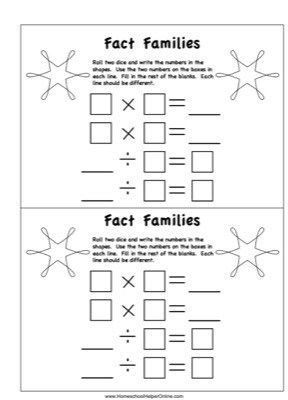 Every day can be a new problem with this Free Math Worksheet – Multiplication &  Division Fact Families.  Roll the dice to find the two numbers you will study for the day.  You can do two different fact families on this worksheet.  #learnmultiplication #freeprintable #homeschoolhelperonline HomeschoolHelperOnline.com Multiplication Fact Families, Multiplication Fact Worksheets Free Printable, Multiplication And Division Fact Family, Fact Families Multiplication Division, Third Grade Math Centers, Fact Families Multiplication, Division Fact Families, Fact Family Worksheet, Lap Book Templates