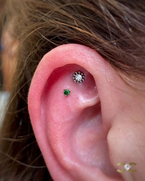 Double Flat Piercing with our Beaded Flower Gem Push-in Stud and our Prong Set CZ Push-In Stud (Green CZ available In-Store or DM to order online) 💚💎 Find Ireland's largest collection of Fine Jewellery in-store at 7 D'Olier Street or online at our webstore, link in bio! Double Flat Piercing, Curated Ears, Flat Piercing, Web Store, Fine Jewellery, Order Online, Prong Setting, Piercings, Link In Bio