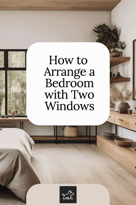 Learn how to balance the room by centering the bed between the two windows. This pin provides ideas for creating a symmetrical layout with the bed centered and equal space on either side, enhancing the sense of balance and harmony in the room. Bedroom 2 Windows Master, Bay Window In Master Bed, Bed Side Window Bedroom Ideas, Bedroom Asymmetrical Windows, Hide A Window Behind A Bed, Bed In The Center Of The Room, Bed Placement With Windows, Bedrooms With Windows Behind Bed, Bedroom Layout Two Windows