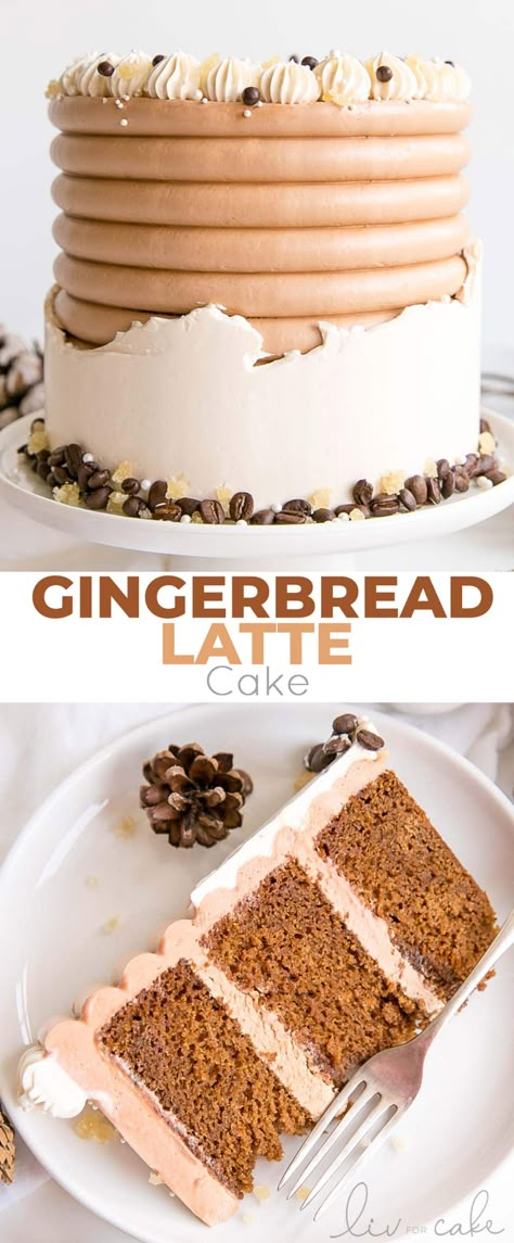 This Gingerbread Latte Cake is your favourite Holiday drink in cake form! Gingerbread spice cake layers with an espresso buttercream. | livforcake.com Gingerbread Latte Cake, Holiday Cake Flavor Ideas, Christmas Flavored Cakes, Holiday Cake Flavors, Christmas Cake Flavor Ideas, Holiday Cakes Thanksgiving, Winter Cake Flavors, Christmas Cake Flavors, Cakes With Sprinkles