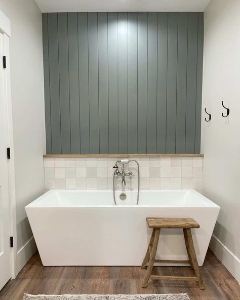 Shiplap Bathtub Wall, Master Bath Accent Wall Behind Tub, Bathroom Tile Ideas Accent Wall, Accent Wall Behind Bathtub, Tub Accent Wall, Accent Wall Behind Tub, Bathtub Accent Wall, Bathtub Accent, Vertical Shiplap Accent Wall