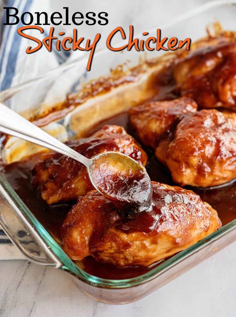 Boneless Sticky Chicken - Southern Plate Chicken Breast In Oven, Sticky Chicken Recipe, Oven Bbq Chicken, Chicken Boneless Breast Recipes, Bbq Chicken Breast, Southern Plate, Baked Bbq Chicken, Sticky Chicken, Homemade Barbecue Sauce