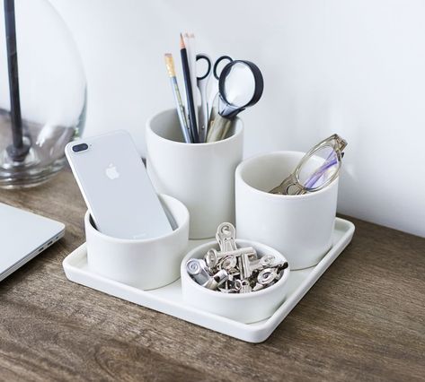 Mason Desktop Organizing Collection - Ivory | Pottery Barn Canada Marble Desk, Work Space Organization, Pencil Cup, Writing Utensils, Bookshelf Desk, Desktop Organizer, Reactive Glaze, Mirror Art, Free Interior Design