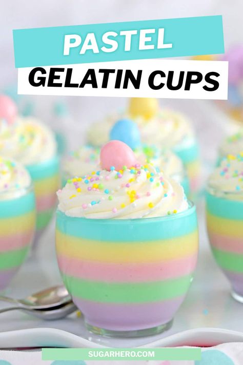 These Pastel Rainbow Gelatin Cups are simple, kid-friendly, and so beautiful! Serve them plain, or top them with whipped cream and sprinkles! They are the perfect Easter treat! #easter #easterdessert #eastertreat #rainbow #gelatin #sugarhero Easter Jello Cups, Easter Dessert Cups, Pastel Jello Cups, Pastel Rainbow Party Food Ideas, Rainbow Gelatin Cubes, Easter Pudding Cups, Traditional Easter Desserts, Pastel Desserts, Easter Deserts