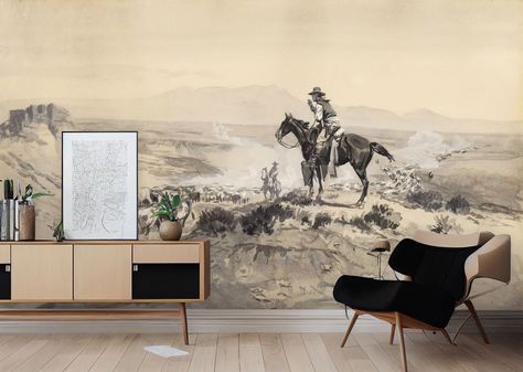 Texas Wallpaper With Cowboys, Wall Mural, Scenic Wallpaper Peel and Stick self Adhesive or Non Adhesive Vinyl Paper - Etsy Cowboy Wall Mural, Cowboy Mural Wall Art, Western Wall Mural, Cowboy Wallpaper Country, Western Mural, Ranch Wallpaper, Horse Wall Mural, Paper Bag Walls, Southwestern Wallpaper