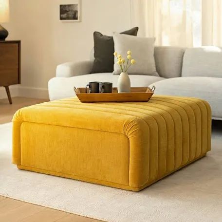 turquoise storage pouf - Google Search Cocktail Ottoman Living Room, Upholstered Ottoman Coffee Table, Yellow Ottoman, Colorful Ottoman, Mid Century Modern Living Room Decor, House Vibes, Large Ottoman, Cocktail Lounge, Marigold Yellow